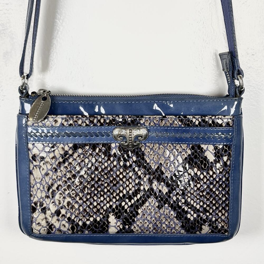 Brighton Renault Small Crossbody Purse Bag Patent Leather Python Print Blue Gray